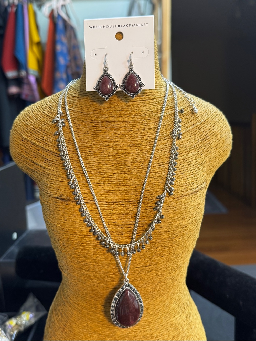 White House Black Market Silver-Tone Necklace Set with Deep Red Teardrop Stones